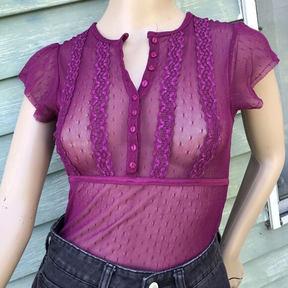 Vintage Y2K Sheer Mesh Lace Long Top S Button Up  Coquette Pink Milkmaid Express - Picture 3 of 12